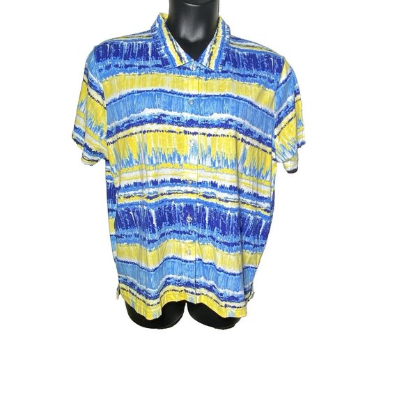 Woman's Short-Sleeve Button-Up Shirt XL Blue Yellow Striped Casual Palm Harbor - Picture 2 of 12